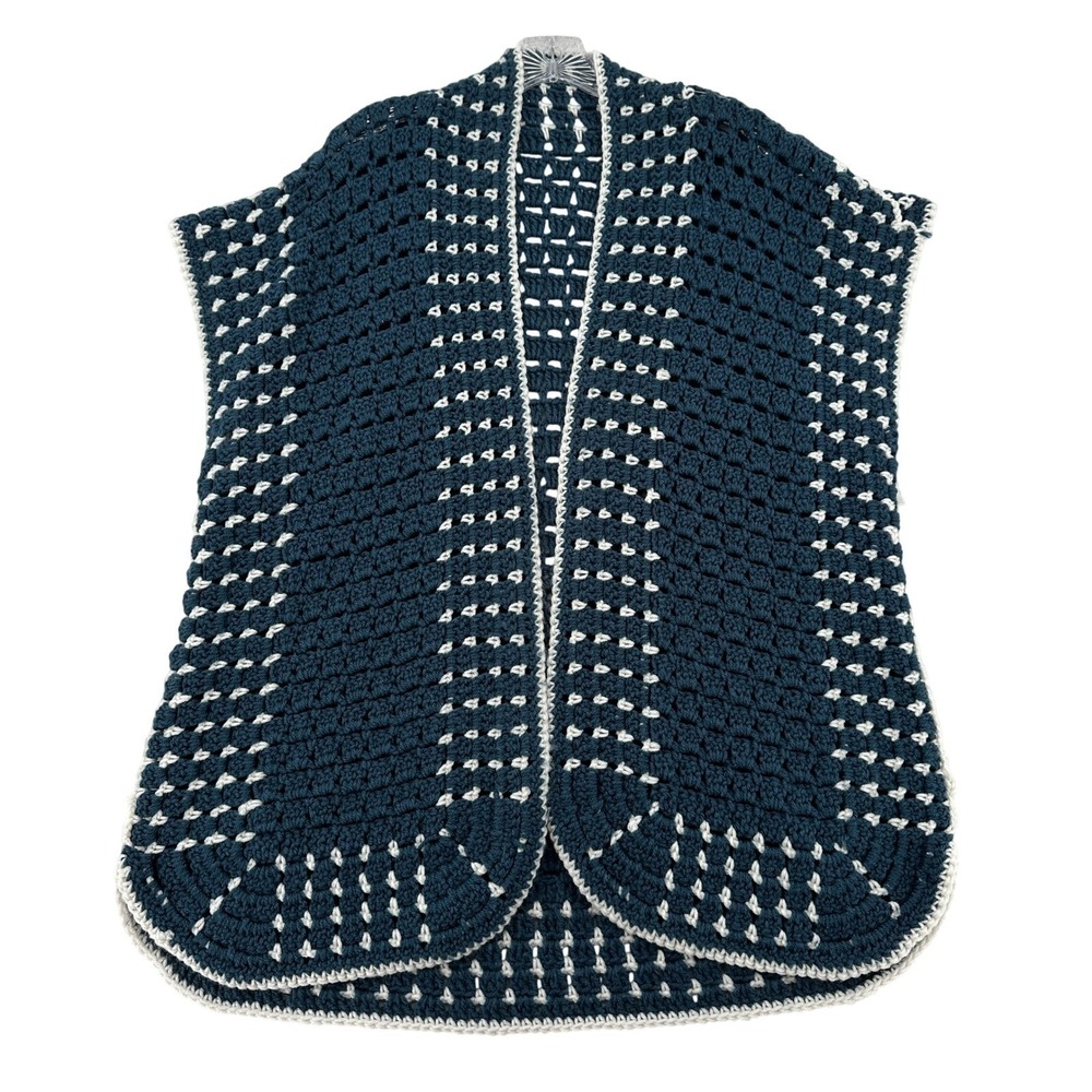 Crochet Handmade Knit Shrug Cardigan Grannycore Open Front Blue Sleeveless Vest